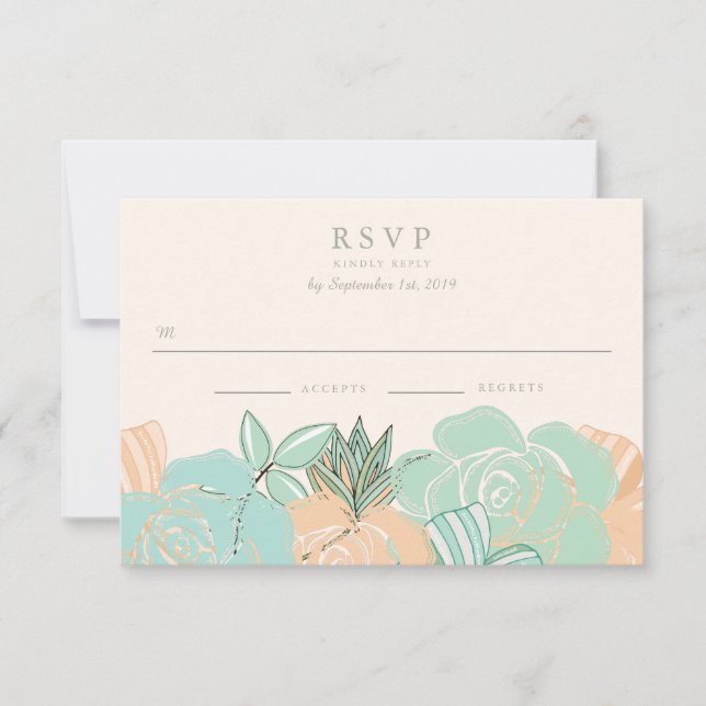 Tarjeta De Confirmación De Asistencia Elegantes Rosas de la pintura Mint Floral Wedding  (Anverso)