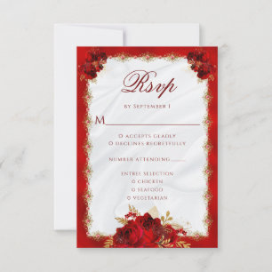 Tarjeta De Confirmación De Asistencia Elegantes Rosas Florales de Oro Rojo Entree Boda