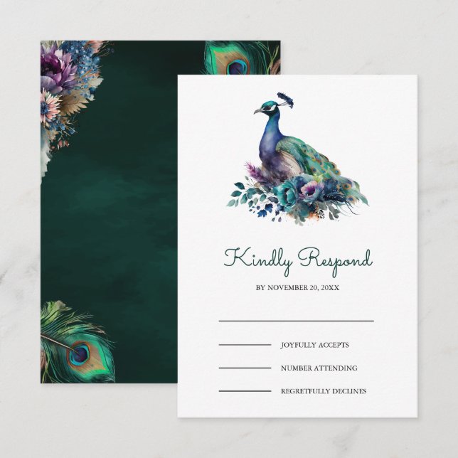 Tarjeta De Confirmación De Asistencia Emerald Green Floral Peacock Wedding (Anverso / Reverso)