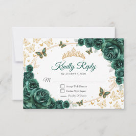 Tarjeta De Confirmación De Asistencia Emerald Green Gold Floral Quinceanera Reply