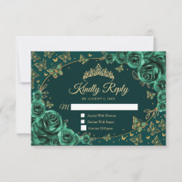 Tarjeta De Confirmación De Asistencia Emerald Green Gold Quinceanera Reply