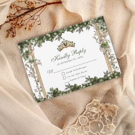 Tarjeta De Confirmación De Asistencia Emerald Green Golden Tiara Floral Quinceañera