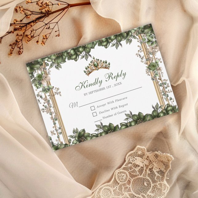 Tarjeta De Confirmación De Asistencia Emerald Green Golden Tiara Floral Quinceañera (Subido por el creador)