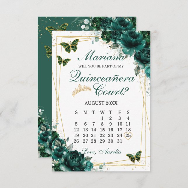 Tarjeta De Confirmación De Asistencia Emerald Green Quinceanera Court Proposal Card (Anverso / Reverso)