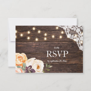 Tarjeta De Confirmación De Asistencia Encaje y luces de madera y Rubor Peach Floral con