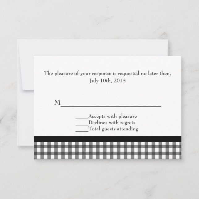 Tarjeta De Confirmación De Asistencia Encantador Boda de Gingham blanco y negro (Anverso)