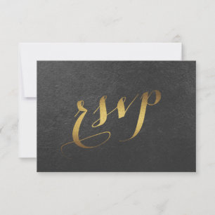 Tarjeta De Confirmación De Asistencia Encantador Relieve metalizado dorado Black Wedding