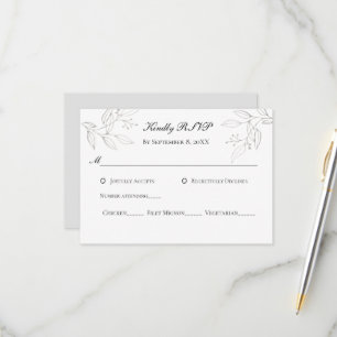Tarjeta De Confirmación De Asistencia Entradas de boda minimalistas con hojas grises pla