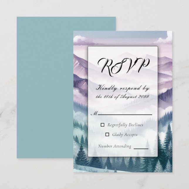 Tarjeta De Confirmación De Asistencia Escarcha de lavanda en el Boda húmedo alpino (Anverso / Reverso)