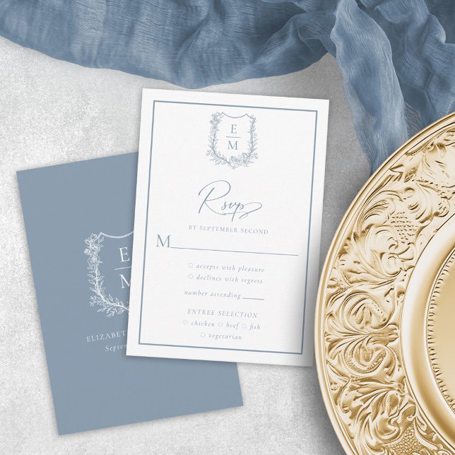 Tarjeta De Confirmación De Asistencia Escudo Boda floral Opciones de comidas azul turbio (Subido por el creador)