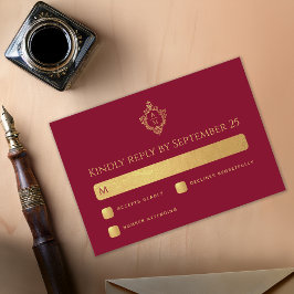 Tarjeta De Confirmación De Asistencia Escudo Burgundy Faux Gold Elegant Wedding Monogram