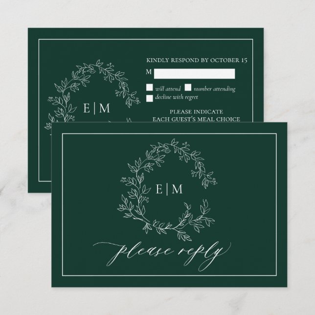 Tarjeta De Confirmación De Asistencia Escudo de Leafy Verde Esmeralda Boda en Monograma  (Anverso / Reverso)
