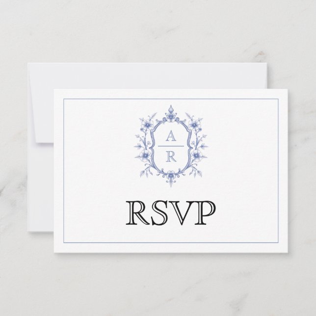 Tarjeta De Confirmación De Asistencia Escudo floral azul elegante monograma boda de códi (Anverso)