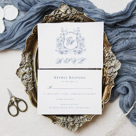 Tarjeta De Confirmación De Asistencia Escudo Floral Azul Monograma Boda Elegante