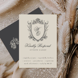 Tarjeta De Confirmación De Asistencia Escudo floral de cosecha de vintage Beige Carbón M