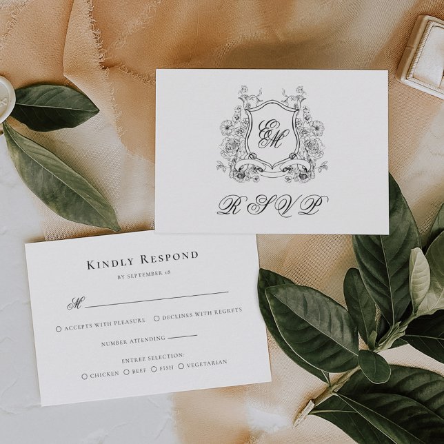 Tarjeta De Confirmación De Asistencia Escudo floral Monograma matrimonio elegante (Subido por el creador)