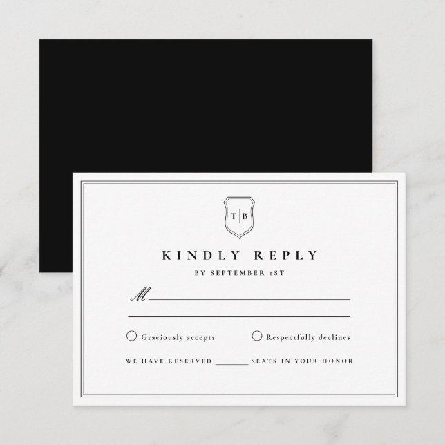 Tarjeta De Confirmación De Asistencia Escudo negro monograma clásico elegante (Anverso / Reverso)