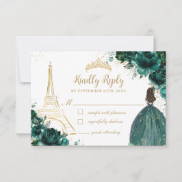 Tarjeta De Confirmación De Asistencia Esmeralda Floral Gold Princesa Quinceañera