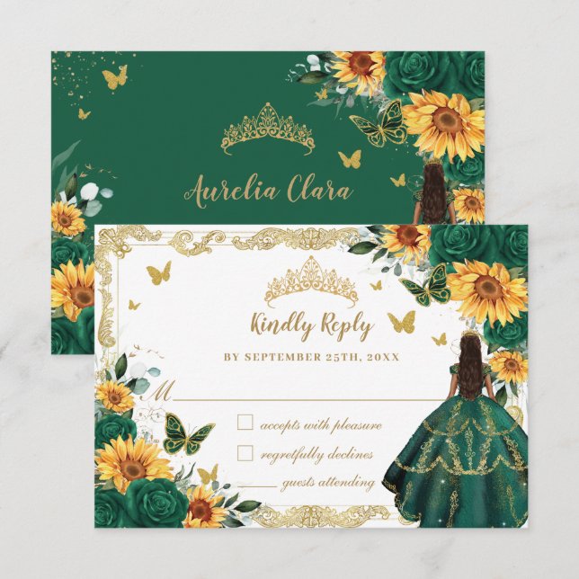 Tarjeta De Confirmación De Asistencia Esmeralda Verde Girasol Floral Vestido Quinceañera (Anverso / Reverso)