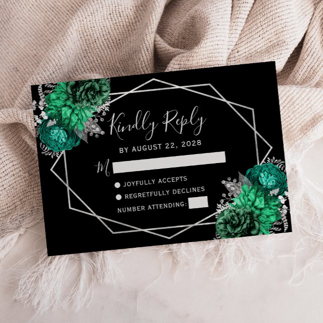 Tarjeta De Confirmación De Asistencia Esmeralda Verde Plata Floral Geométrica Negro (Subido por el creador)
