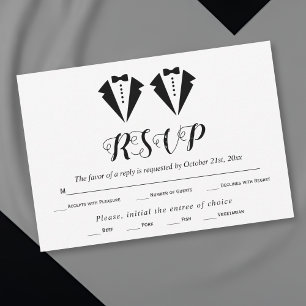 Tarjeta De Confirmación De Asistencia Esmoquin negro y blanco dos novios boda gay