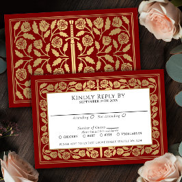 Tarjeta De Confirmación De Asistencia Espada dorada medieval escarlata Tarjeta de respue