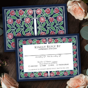 Tarjeta De Confirmación De Asistencia Espada Floral de Plata Medieval Azul para Boda Rea