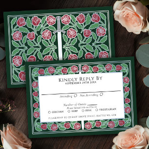 Tarjeta De Confirmación De Asistencia Espada Floral de Plata Medieval Verde Boda Real