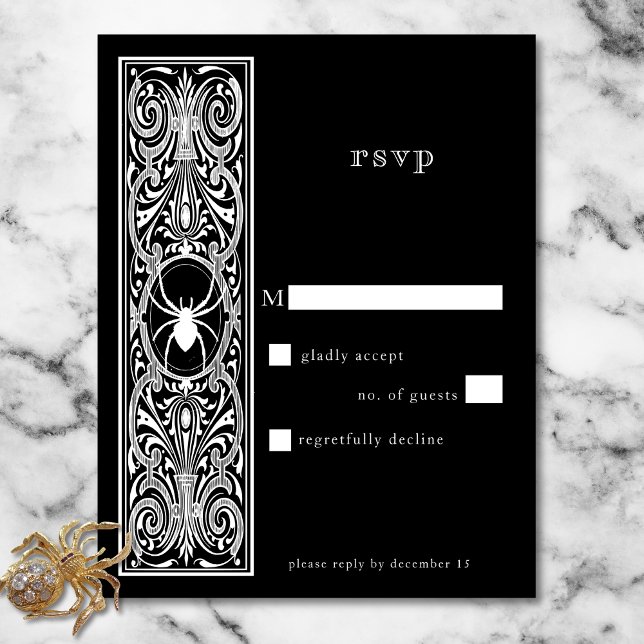 Tarjeta De Confirmación De Asistencia Espeluznante gótica Boda blanco negro sin cena (Gothic Spooky Spider Black White Wedding No Dinner RSVP Card)