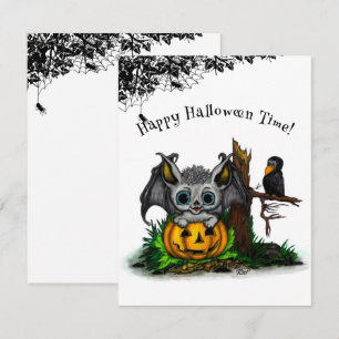 Tarjeta De Confirmación De Asistencia Esperando a Halloween, Murciélago y Cuervo Lindos