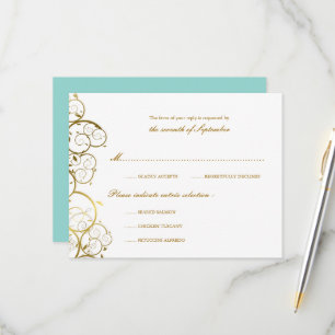 Tarjeta De Confirmación De Asistencia Espirales de oro turquesa y elegante matrimonio el