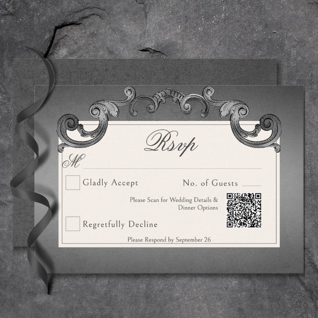 Tarjeta De Confirmación De Asistencia Esqueletos góticos oscuros y código QR de Boda car (Gothic Dark Skeletons & Rose Heart Wedding QR Code RSVP Card)