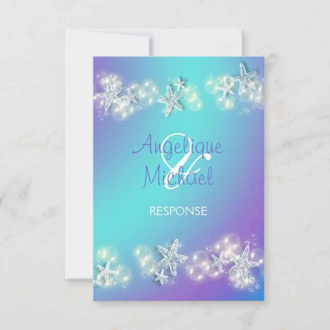 Tarjeta De Confirmación De Asistencia Estrella de mar boda playa púrpura azul (Anverso)
