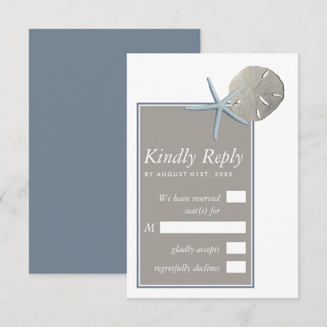 Tarjeta De Confirmación De Asistencia Estrella de mar y dólar de arena - Boda en la play (Anverso / Reverso)