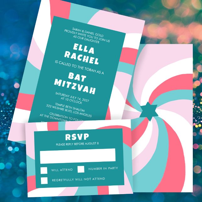 Tarjeta De Confirmación De Asistencia Estrella moderna de Swirl de David Personalizado B (Modern Swirl Star of David Custom Bar Bat Mitzvah RSVP Card
)