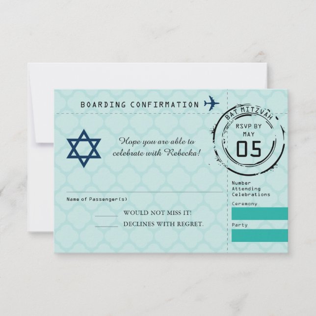 Tarjeta De Confirmación De Asistencia Estrella Verde azulada azul de David Bat Mitzvah P (Anverso)