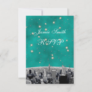 Tarjeta De Confirmación De Asistencia Etched NYC Skyline 2 Verde Teal Dorado Estrella RS