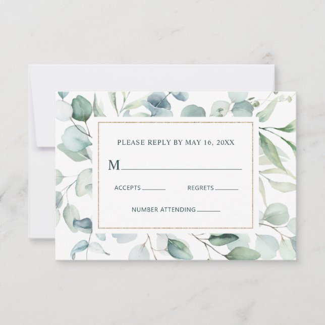 Tarjeta De Confirmación De Asistencia Ethereal Eucalyptus Gold Greenery Boda (Anverso)