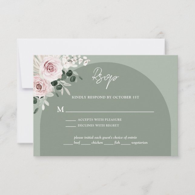 Tarjeta De Confirmación De Asistencia Eucalipto Floral Rosa Boda Verde Sage (Anverso)