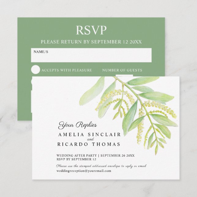 Tarjeta De Confirmación De Asistencia Eucalyptus deja boda de agua verde (Anverso / Reverso)
