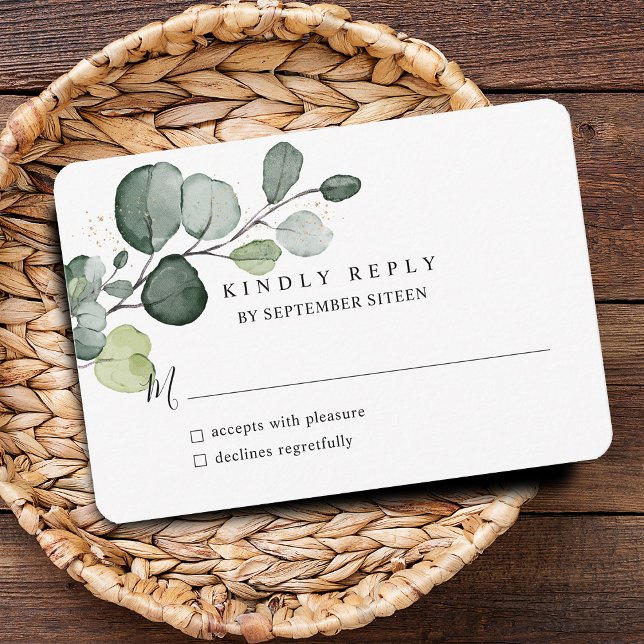 Tarjeta De Confirmación De Asistencia Eucalyptus deja la mancha de oro (Eucalyptus Leaves Gold Splatter RSVP Card)