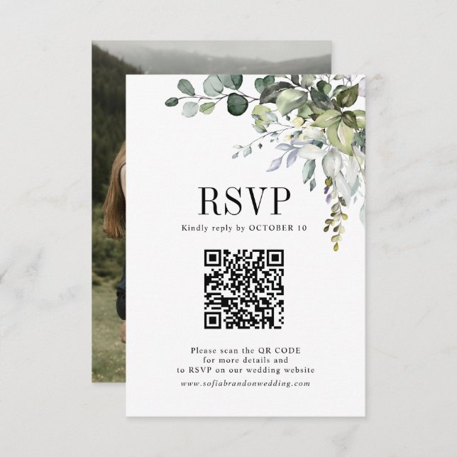 Tarjeta De Confirmación De Asistencia Eucalyptus deja la vegetación Boda QR Foto de códi (Anverso / Reverso)