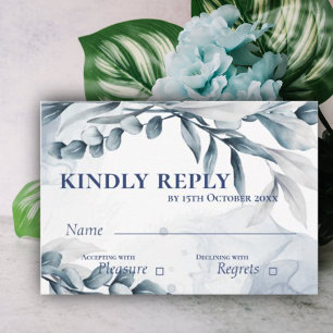 Tarjeta De Confirmación De Asistencia Eucalyptus deja una polvorienta boda azul elegante