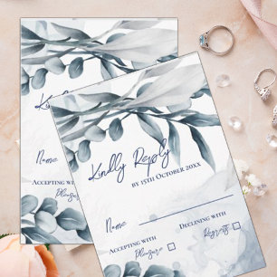 Tarjeta De Confirmación De Asistencia Eucalyptus deja una polvorienta boda azul elegante