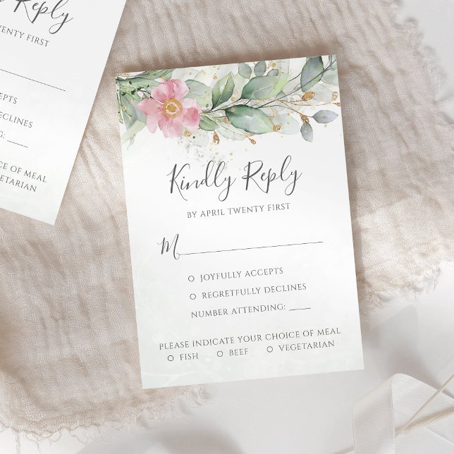Tarjeta De Confirmación De Asistencia Eucalyptus deja vegetación Boda floral rosa (Subido por el creador)