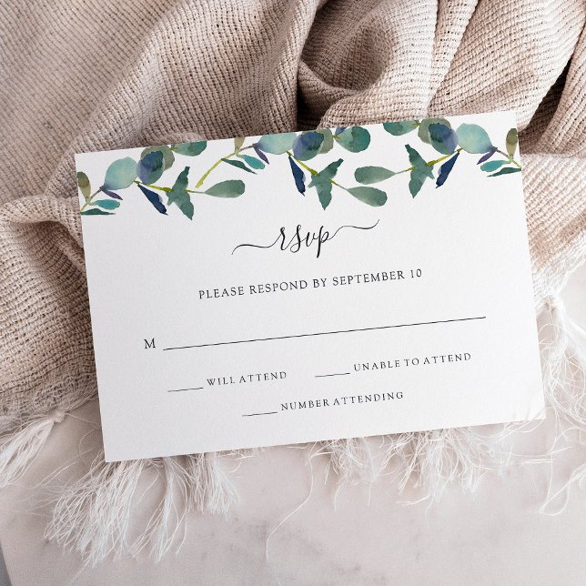 Tarjeta De Confirmación De Asistencia Eucalyptus Escudo | Boda de moda (An elegant wedding rsvp card decorated with watercolor eucalyptus leaves)
