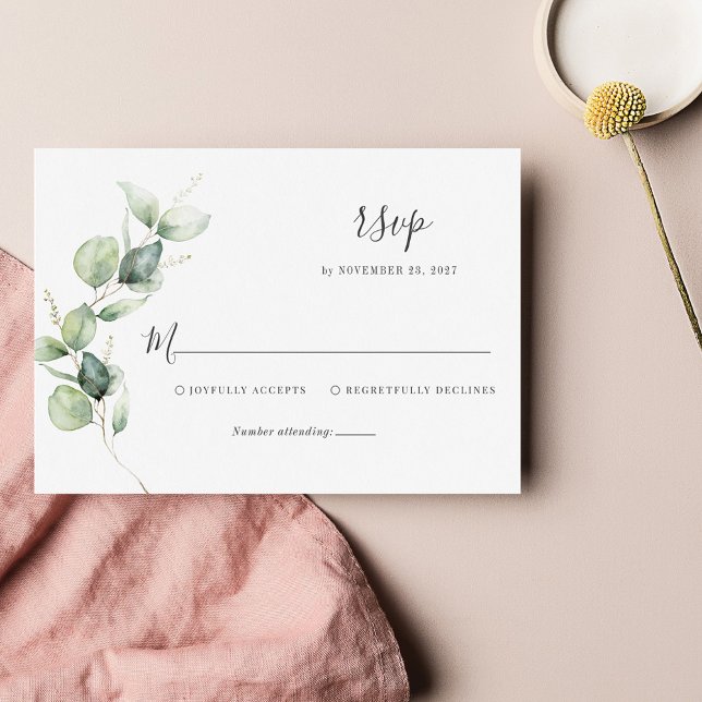 Tarjeta De Confirmación De Asistencia Eucalyptus floral deja Boda de guión (Subido por el creador)