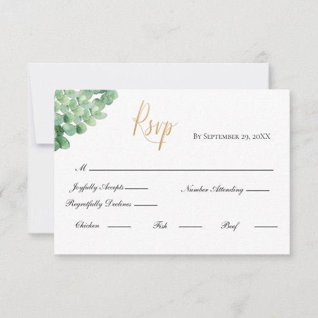 Tarjeta De Confirmación De Asistencia Eucalyptus Gold Script Formal Elegante Boda (Anverso)