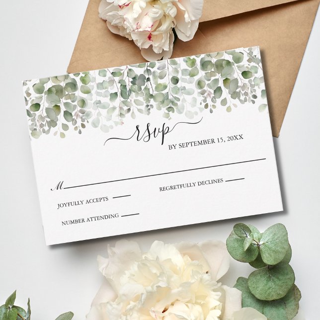 Tarjeta De Confirmación De Asistencia Eucalyptus Greenery Boda Formal Elegante (Elegant Eucalyptus Wedding RSVP card, Traditional Classic and Formal. )