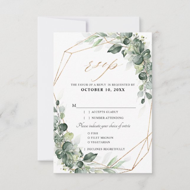 Tarjeta De Confirmación De Asistencia Eucalyptus Greenery Boda Geométrico Rústico (Anverso)